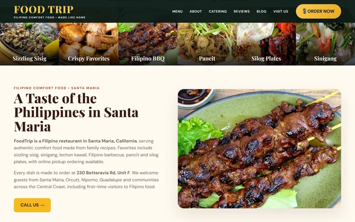 FoodTrip home page on desktop: a strip of six menu categories above an introduction to the restaurant with a photo of Filipino barbecue