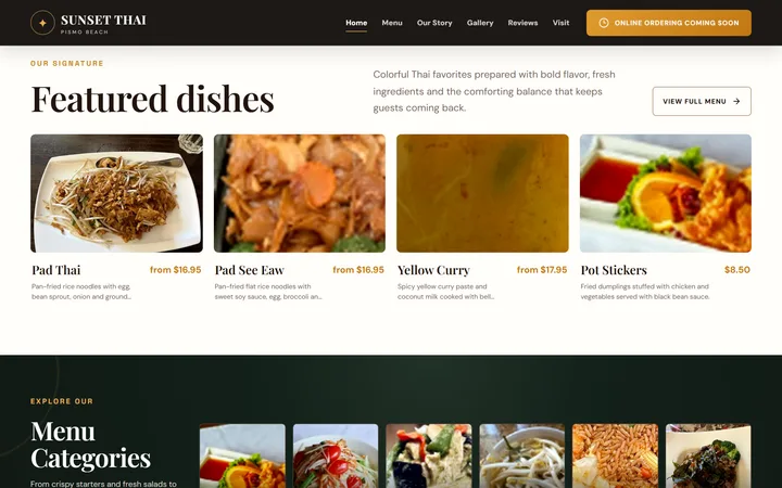 Sunset Thai home page on desktop: a Featured dishes section with four dishes and descriptions above a Menu Categories band