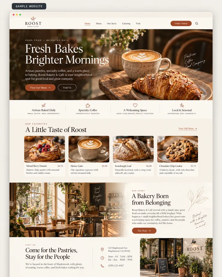 Sample preview of Roost, a bakery & café WestSideSite design